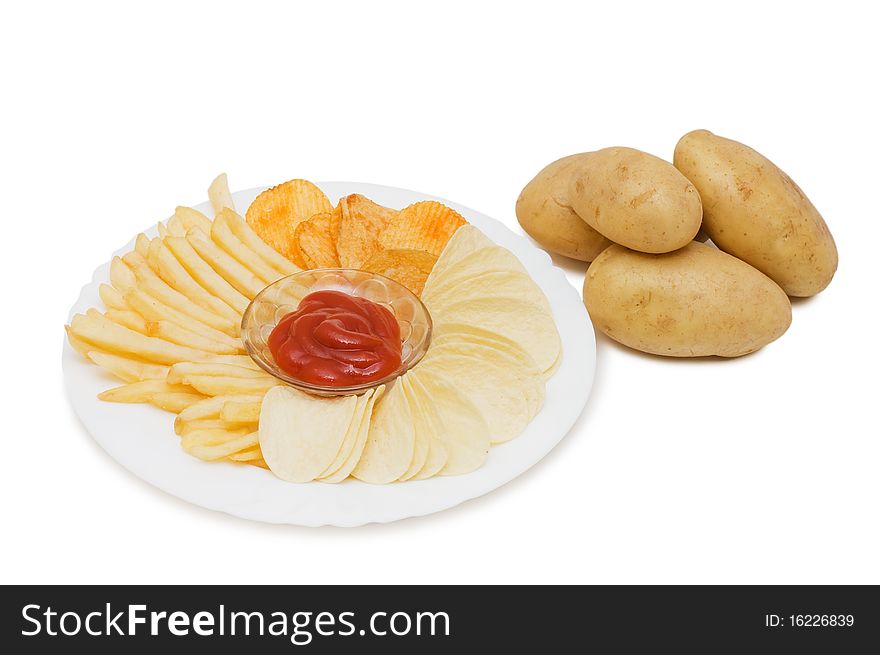 The potato chips with sauce  isolated on white. The potato chips with sauce  isolated on white