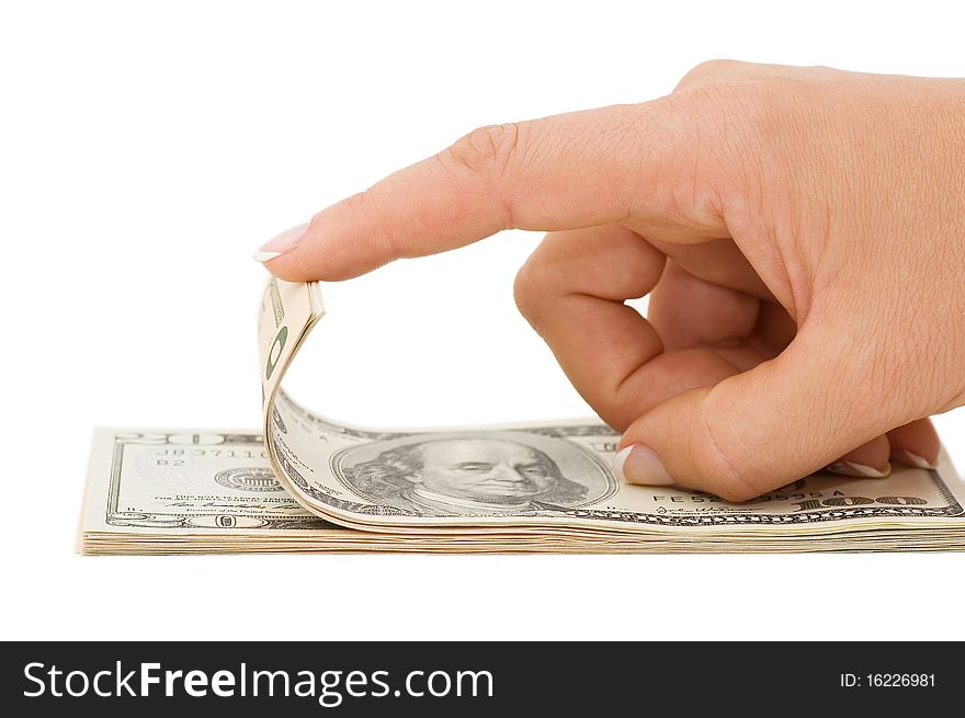 Hand counting money isolated on white background close up