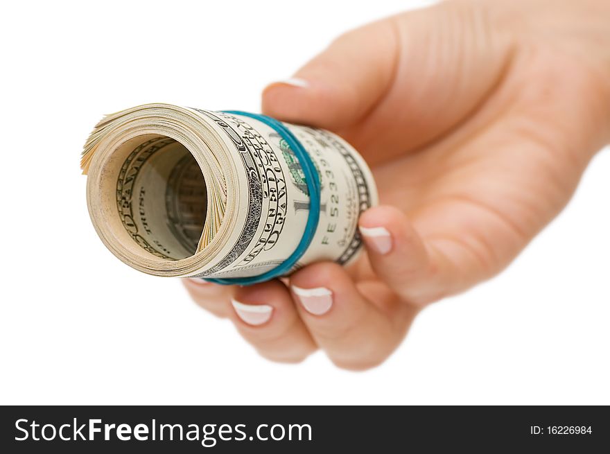 Hand with money isolated on white background close up