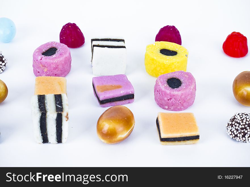 Many candy on white background.Fruit snacks