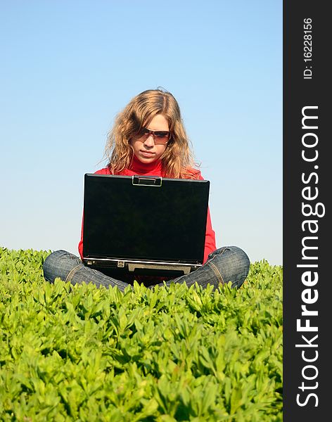 The beautiful girl with the laptop in the field. The beautiful girl with the laptop in the field
