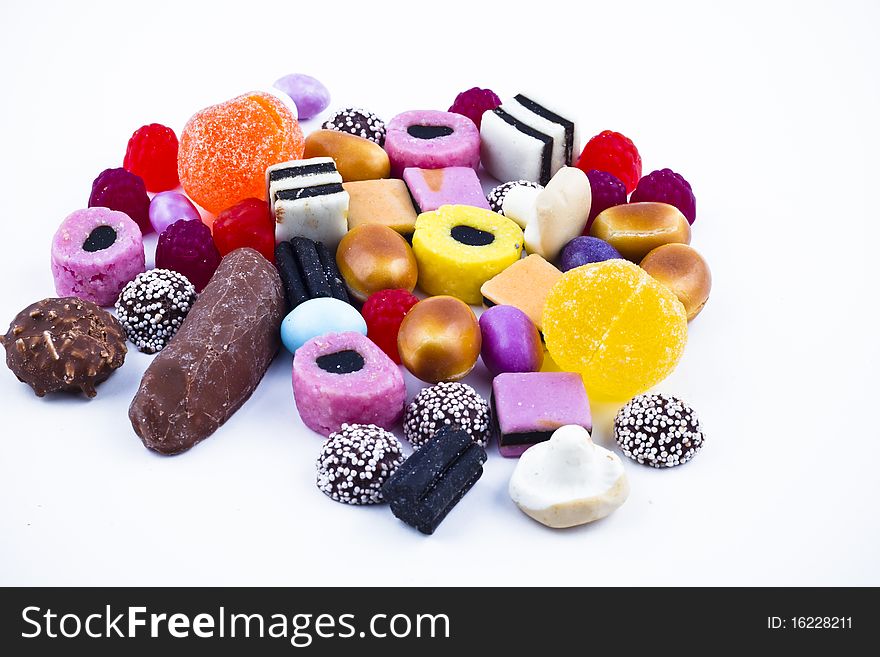 Many candy on white background.Fruit snacks