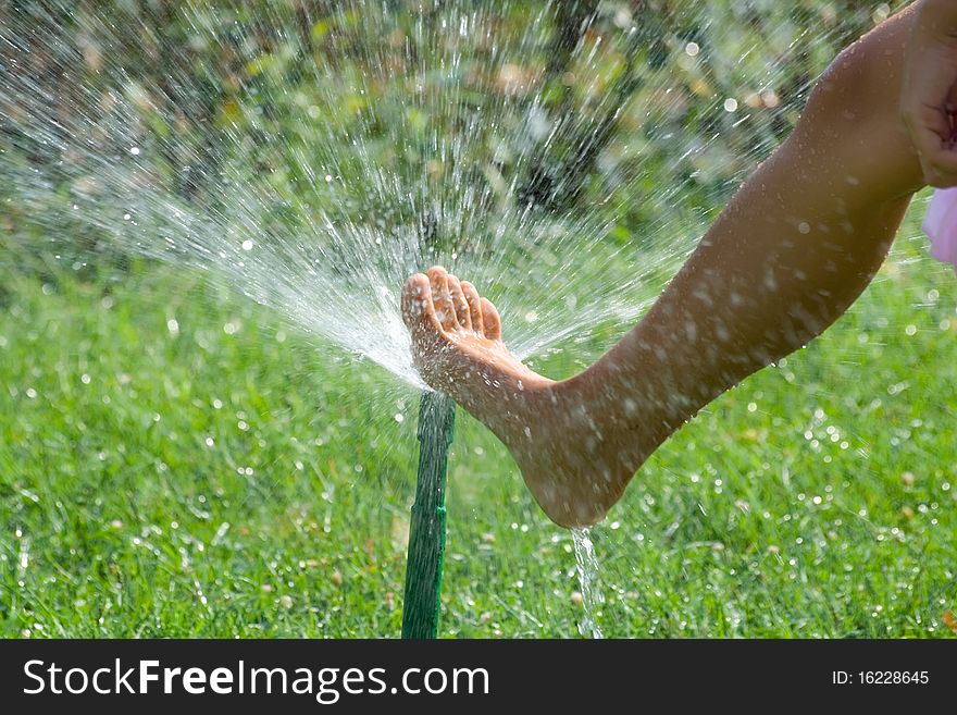 Female leg with the sprinkler on the green lawn. Female leg with the sprinkler on the green lawn