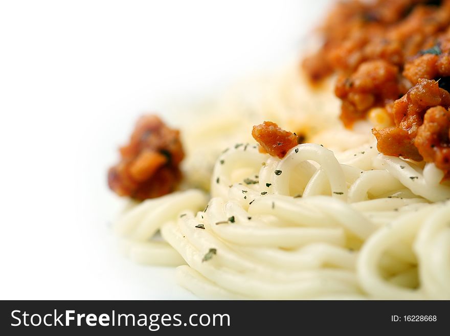 Fresh and tasty pasta with meal on white