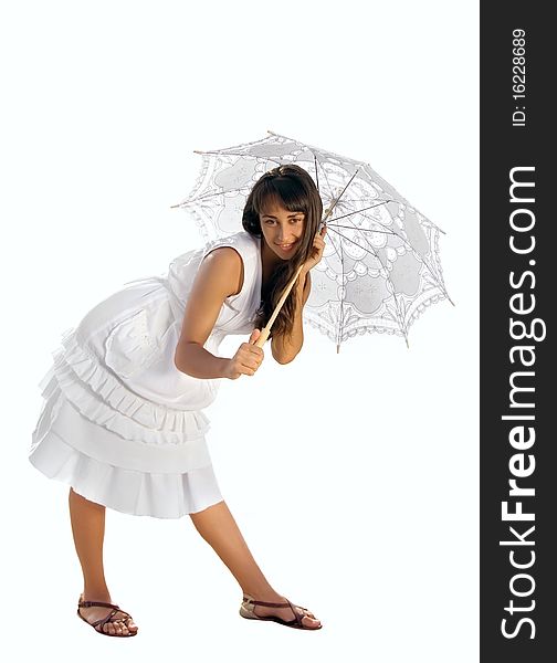 Attractive young woman  in white with sun umbrella, isolated on white. Attractive young woman  in white with sun umbrella, isolated on white