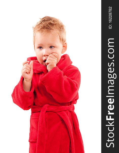 Surprised small boy over white background