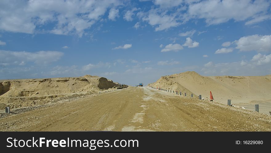 Desert road under construction. South Sinai, Egypt.