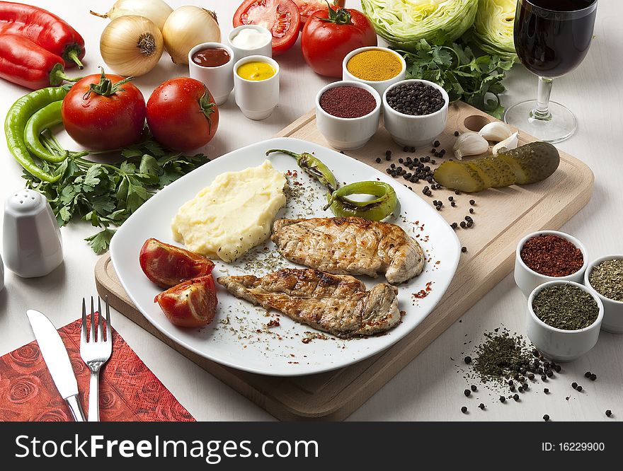 Food ingredients with chicken and cola. Food ingredients with chicken and cola