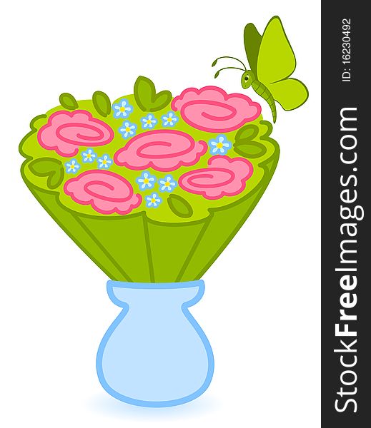 flower in vase with butterfly on a white background for a design