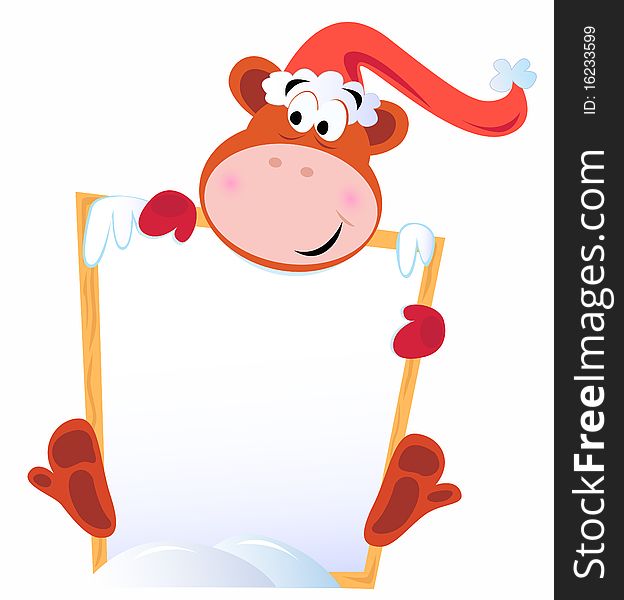 Cute christmas Monkey holding blank banner sign