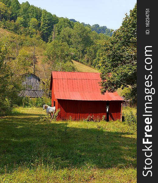 Rustic and quaint red horse barn in the Blue Ridge Mountains of North Carolina. Rustic and quaint red horse barn in the Blue Ridge Mountains of North Carolina.