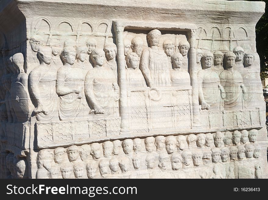 Figures on the base of Egypt obelisk in Istanbul, Turkey