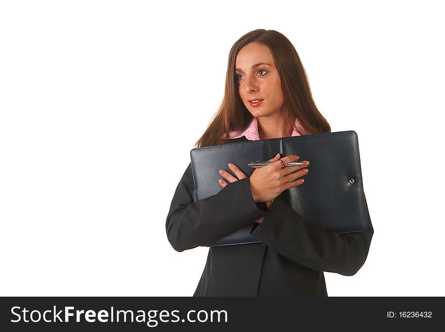 Beautiful brunette businesswoman in business suit on white background.