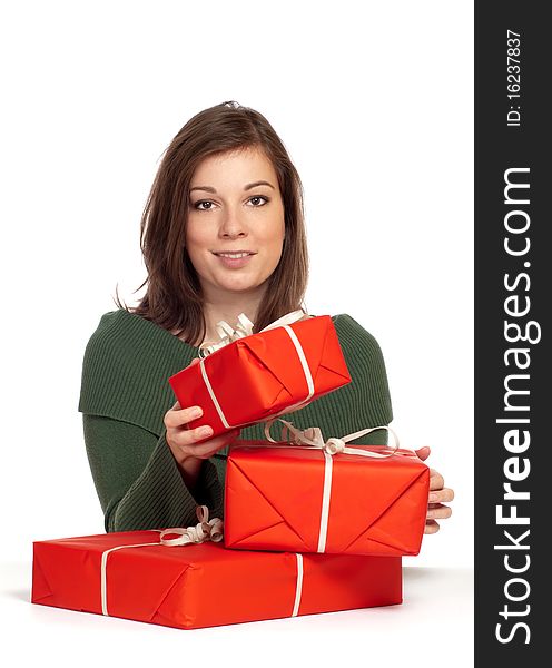 Beautiful women holding gift box with white background