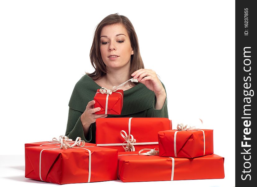 Women unwarp gift box with white background