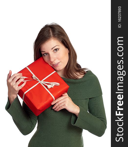 Beautiful girl with red gift box with white background