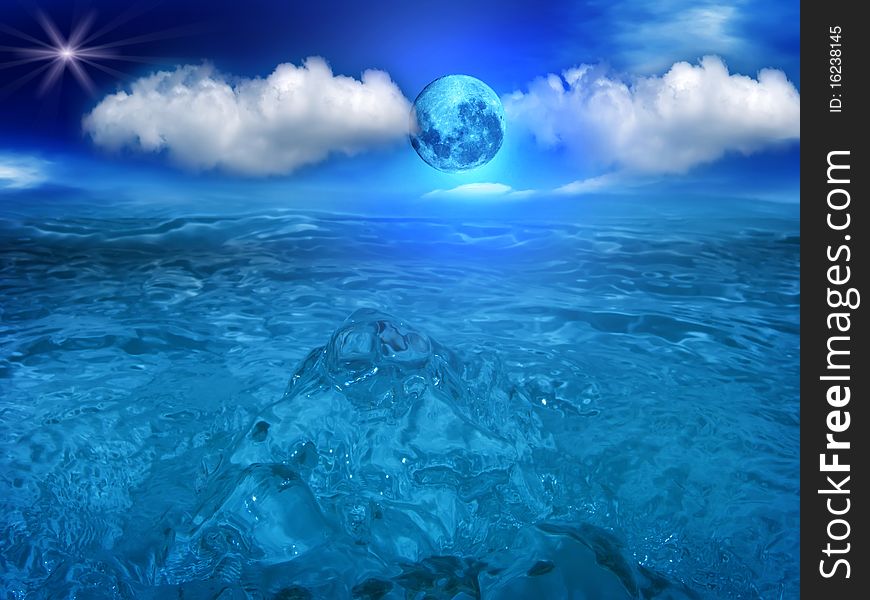 The moon over the sea in the night cloudy star sky. The moon over the sea in the night cloudy star sky