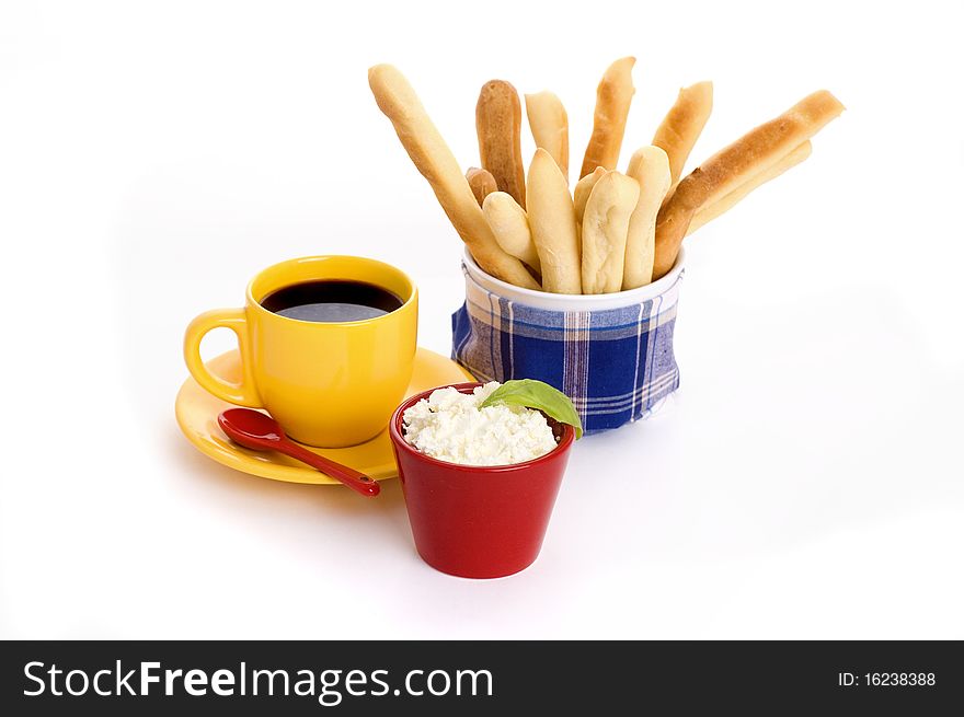 Cream cheese, bread sticks and coffee. Cream cheese, bread sticks and coffee