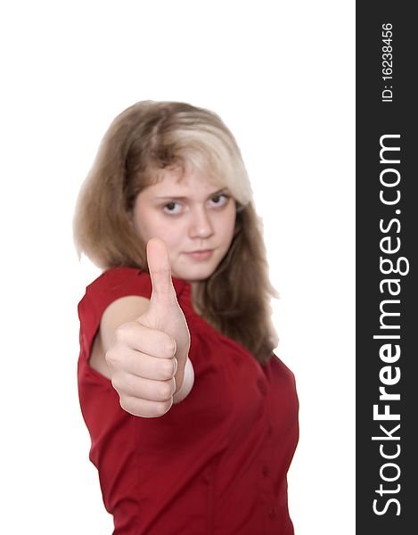 Closeup portrait of a beautyfull young girl in red make thumb up   isolated over white