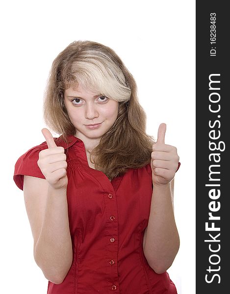Closeup portrait of a beautyfull young girl in red make thumb up   isolated over white