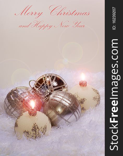 Christmas candles and silver spheres. Christmas candles and silver spheres