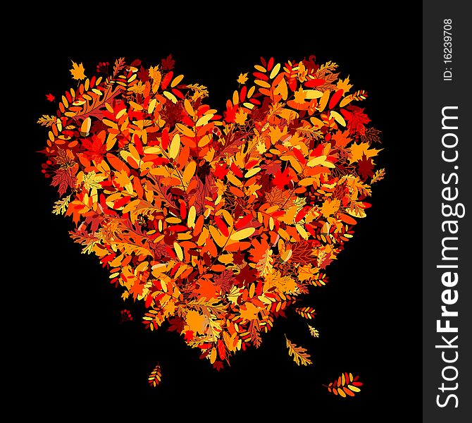 I love autumn! Heart shape from falling leaves, illustration