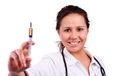 Happy Lady Doctor With Syringe Royalty Free Stock Photo Happy Lady Doctor With Syringe Royalty Free Stock Photo