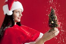 Santa Girl Holding A Small Christmas Tree Stock Photo