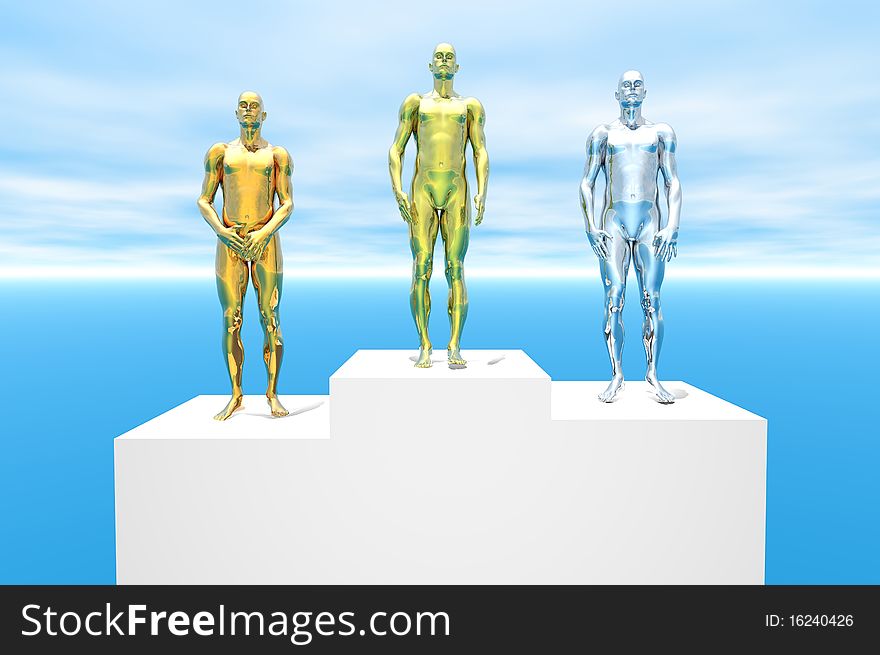 3d men on podiums for gold silver bronze
