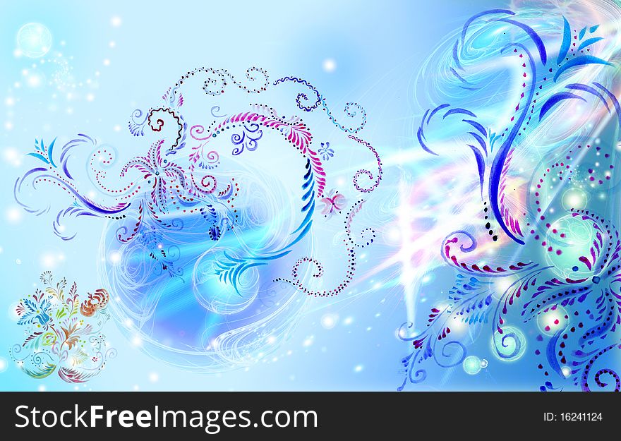 Blue brushwork ornaments on a luminous background