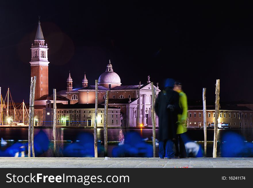 Night view of San Giorgio Maggiore church located at Venice, Italy as seen from Riva degli Schiavoni. Night view of San Giorgio Maggiore church located at Venice, Italy as seen from Riva degli Schiavoni