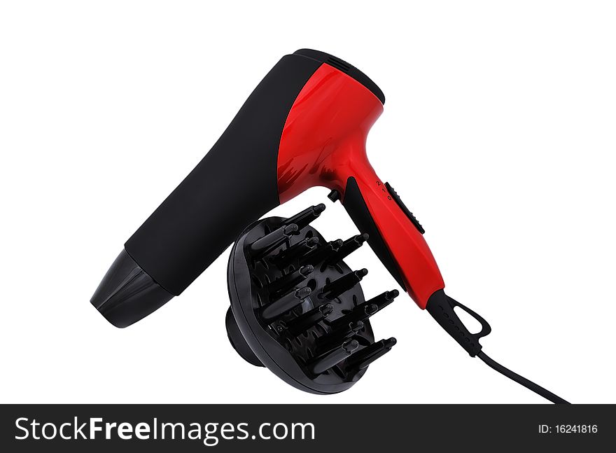 Hairdryer with a nozzle on a white background