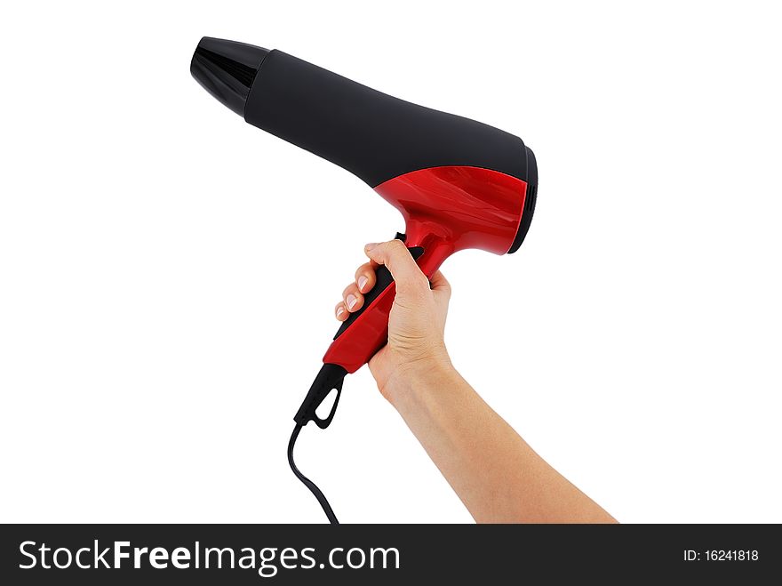 Hairdryer in hand on white background