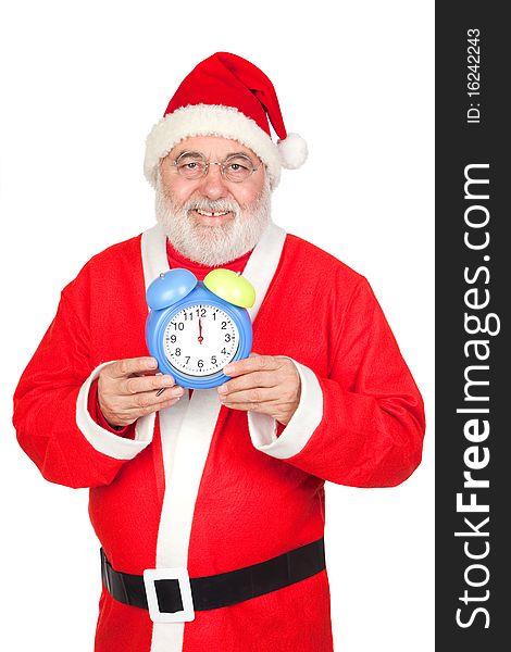 Smiley Santa Claus with alarm clock isolated on white background