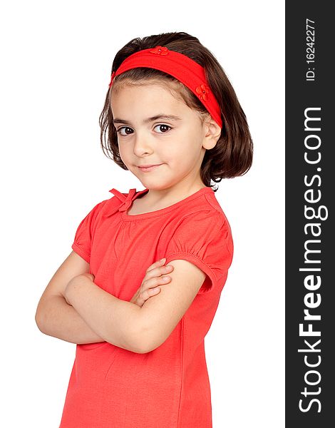 Nice portrait of beautiful girl in red isolated over white