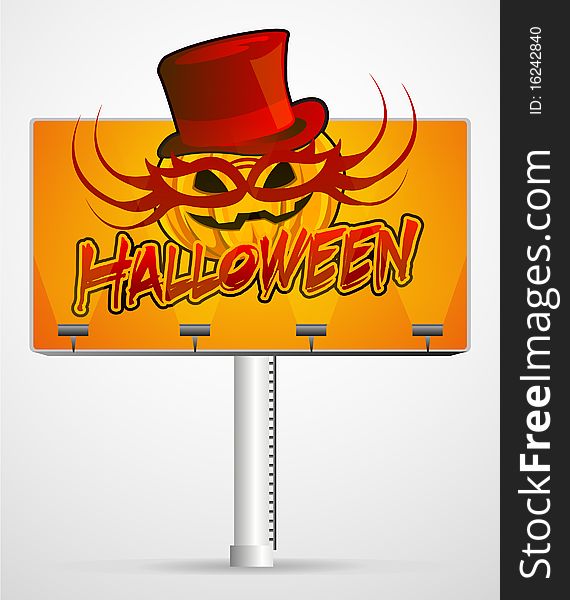 Halloween pumpkin in mask on an illuminated billboard. Halloween pumpkin in mask on an illuminated billboard