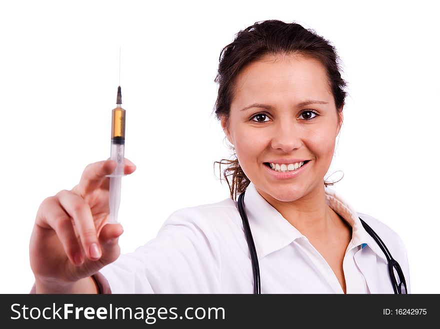 Happy lady doctor with syringe on white background. Healthcare