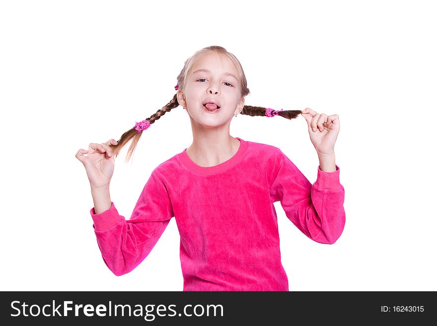 Funny Faces. Girl plays the fool isolated on white