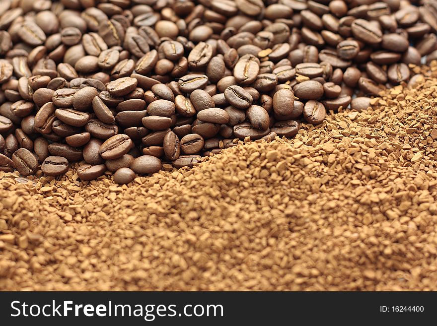 Natural coffee grain and pellets of soluble. Natural coffee grain and pellets of soluble