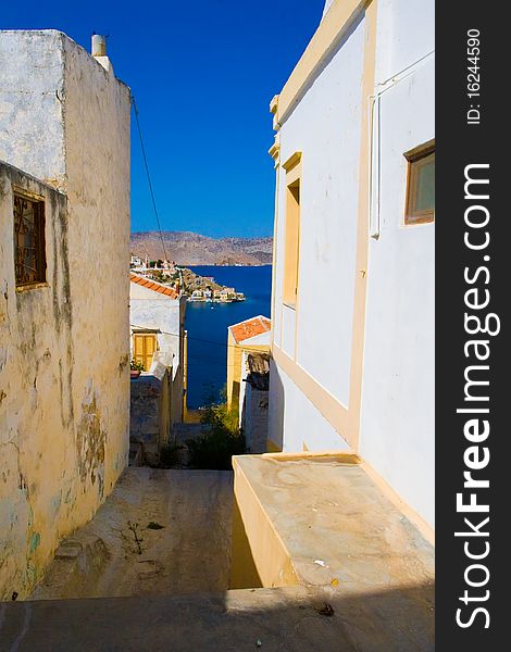 Simi island near Rhodos. Greece.  View to houses and to the sea