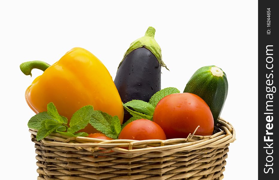 Vegetables Basket with pepper, eggplant and tomatoes. Vegetables Basket with pepper, eggplant and tomatoes