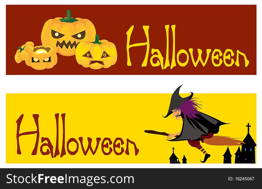 Vector illustration 
Halloween pumpkins and witch on night