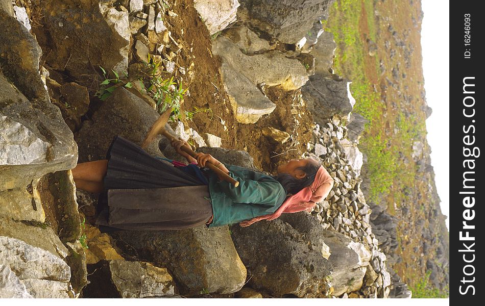 Woman cultivating the land among the rocks