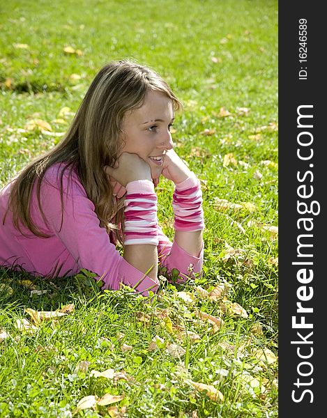 Cute young girl is posing in grass. Cute young girl is posing in grass