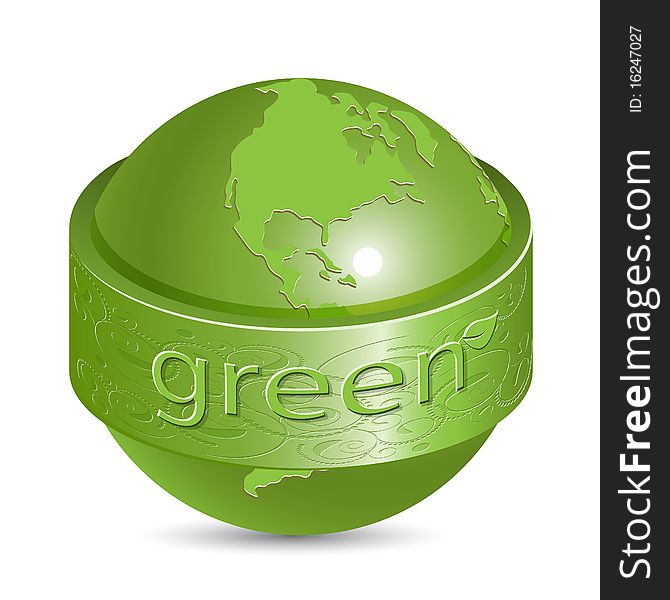 Illustration, green globe with green band on white background