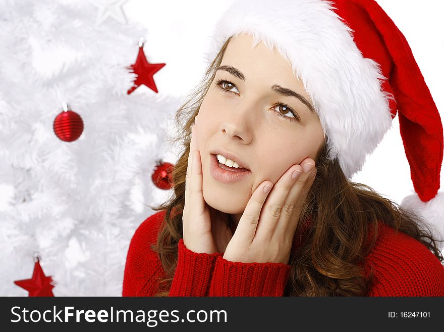 Beautiful Young Woman Wearing Santa Hat