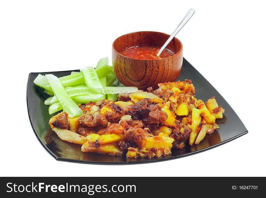 Chahohbili. The dish with lamb and potatoes. Isolated on white.