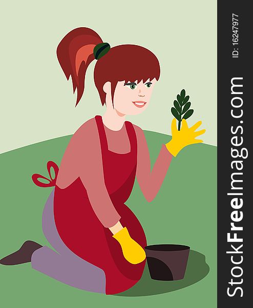 Illustration of a girl planting. Illustration of a girl planting