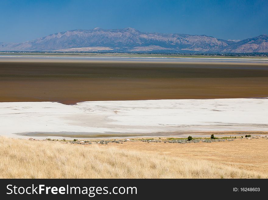 Salt flats from Antelope Island State Park near Salt Lake City in Utah