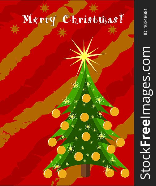 Decorated Christmas tree over red and golden background. Christmas card project. Decorated Christmas tree over red and golden background. Christmas card project